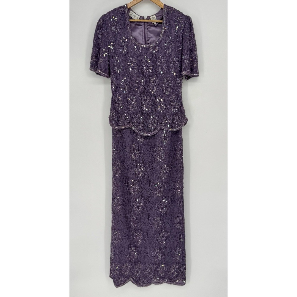 SCALA‎ Beaded Mother Of The Bride Dress Women's Small Sequins Formal Purple Gown